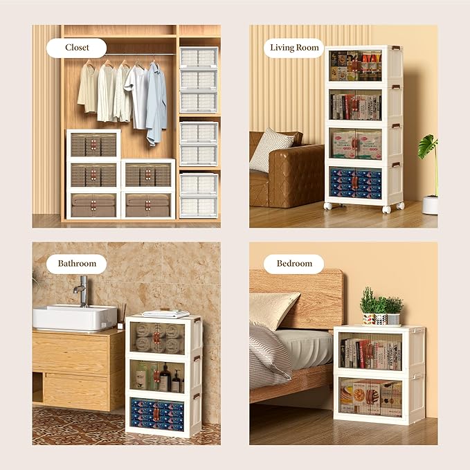 Collapsible Stackable Storage Bins with Lids, 81QT/20Gal Large Foldable Storage Plastic Cabinet with wheels, 2/3/4/5-Pack Space Saving Bins for Home Garage Pantry Organization M White 4T