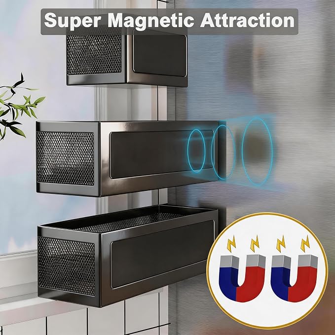 1 Pcs Magnetic Spice Shelf Rack For Fridge,Magnet Fridge Basket | Heavy Duty Magnetic Shelves,Carbon Steel,4.02inch High,Magnetic Basket For Fridge,Laundry room