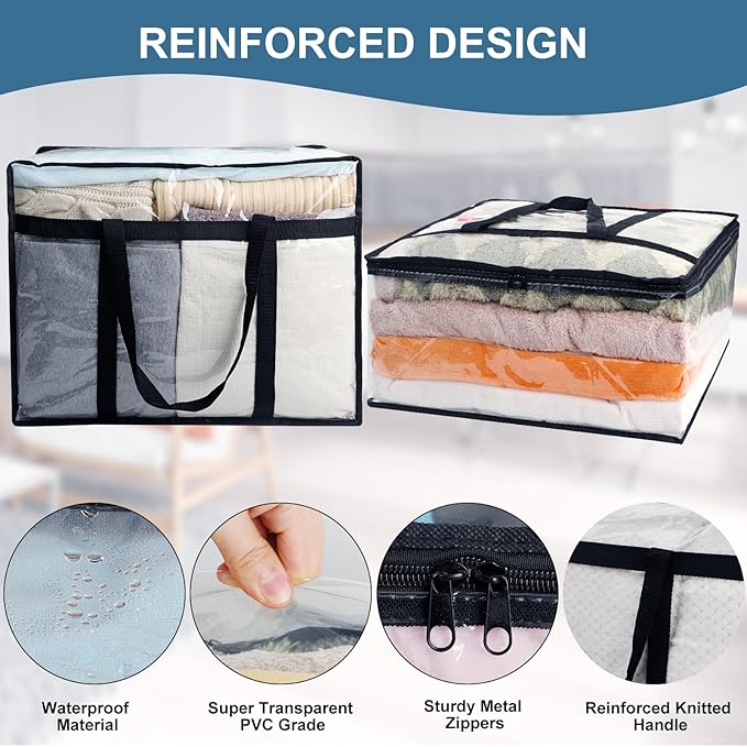 6Pack Clear Blanket Storage Bags, Vinyl Comforter Clothes Storage Closet Organizers and Storage Containers Moving Bags with Reinforced Handle for Bedding, Clothing, Comforters, Pillows, Toys,40L