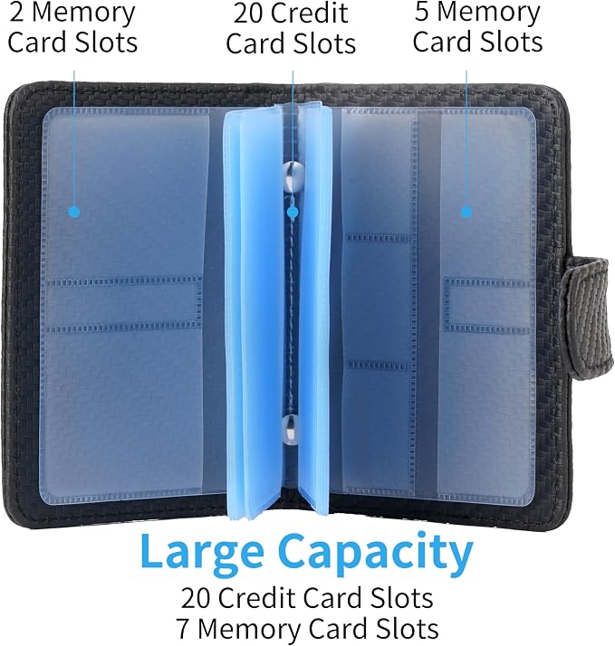 Wisdompro Slim Leather Credit Card Holder, Vertical Microfiber Black | RFID Blocking Wallet Debit Card Protector, Organizer Case, Card Case, 20 Card & 7 Memory Card Slots, with Magnetic Closure