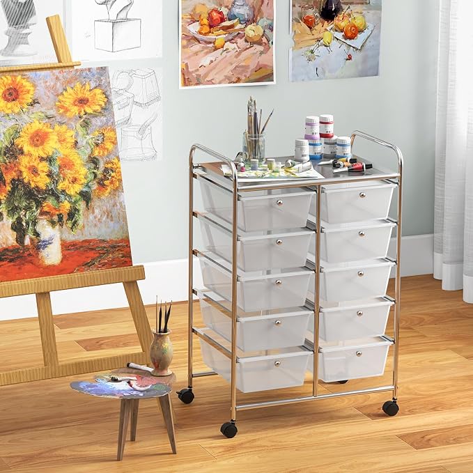 Moccha 10-Drawer Rolling Storage Cart - Under Desk Storage Drawers with wheels for Craft Art Supply Paper Salon, Scrapbook Paper Tools, Mobile Utility Cart for Classroom, Clear