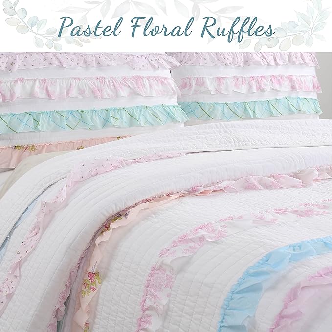 Cozy Line Home Fashions Light Pink Blue Coral White Ruffle 100% Cotton Reversible Girl Quilt Bedding Set, Reversible Coverlet Bedspread (Shabby Chic, Twin - 3 Piece)