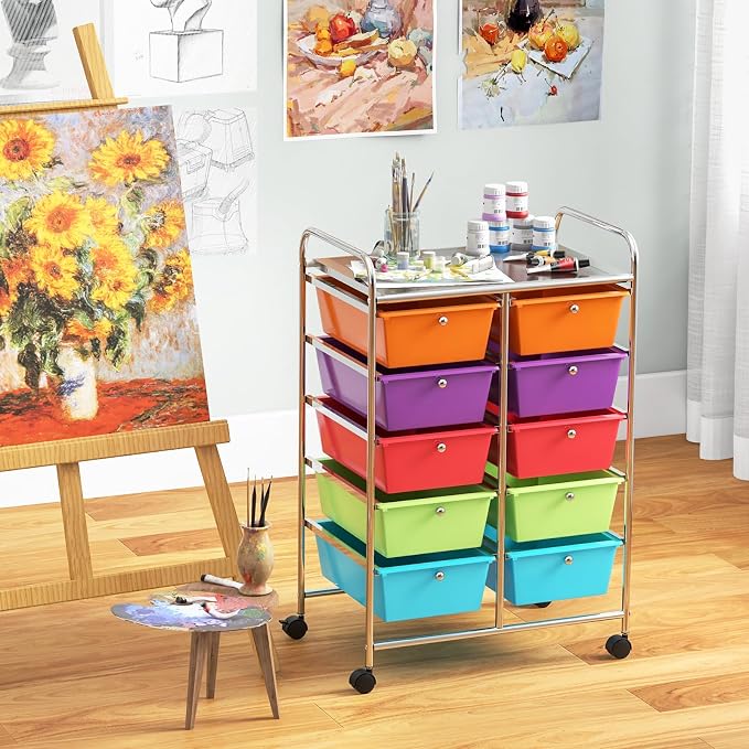 Moccha 10-Drawer Rolling Storage Cart - Storage Drawers Organizer with wheels for Craft Art Supply Paper Salon, Scrapbook Paper Tools, Under Desk Cabinet on Wheels for Classroom Office Home School