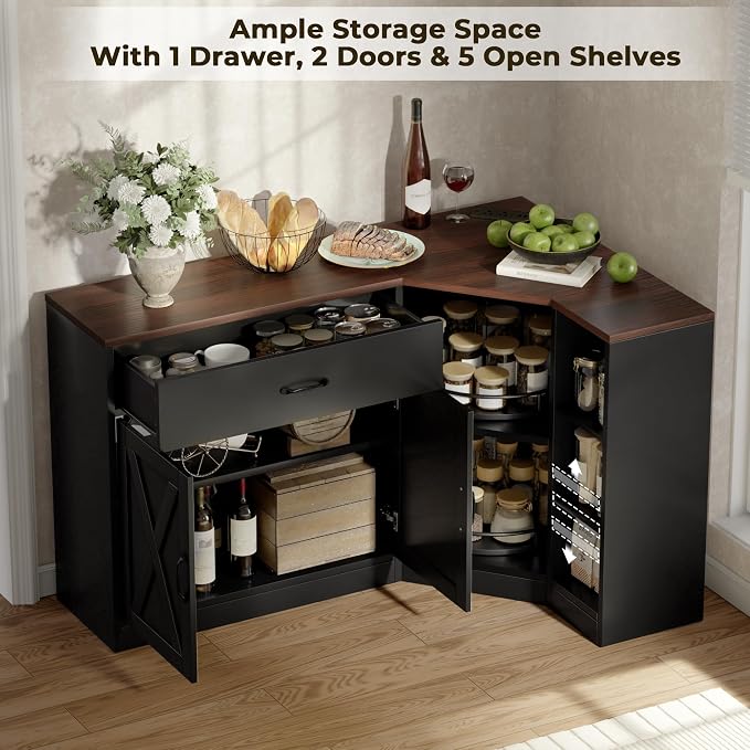 Loomie Corner Cabinet w/Charging Station, Kitchen Pantry Cabinet w/2 Tier Lazy Susan Turntable, Farmhouse Food Pantry w/Drawer & Doors & Adjustable Shelf, L-Shaped Sideboard for Dining Room (Black)