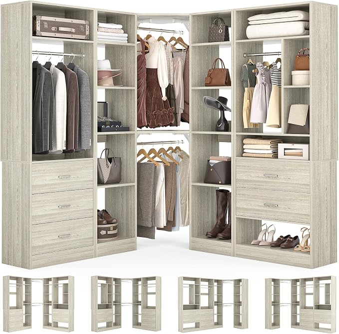 Besiost Corner Closet System with 5 Drawers, Closet Organizer System with 15+Shelvess & 4 Hanging Rods, 63.2"L * 63.2"W / 87.2"L * 39.2"W Reversible L Shaped Walk-in Closets, Load 2500+LBS, White Oak