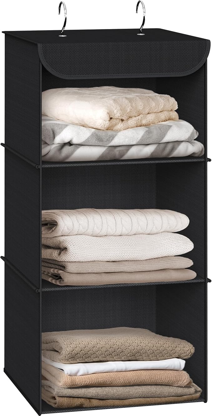 Simple Houseware 3-Shelf Hanging Closet Organizer, Fabric Storage Shelves with 57L Capacity, Black