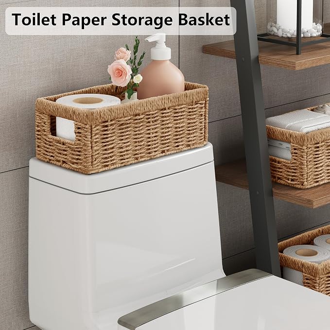 Vagusicc Wicker Storage Basket, Set of 2 Hand Woven Wicker Baskets for Organizing with Handles, Decorative Small Storage Bins for Countertop Toilet Paper Basket for Toilet Tank Top, Shelves, Natural