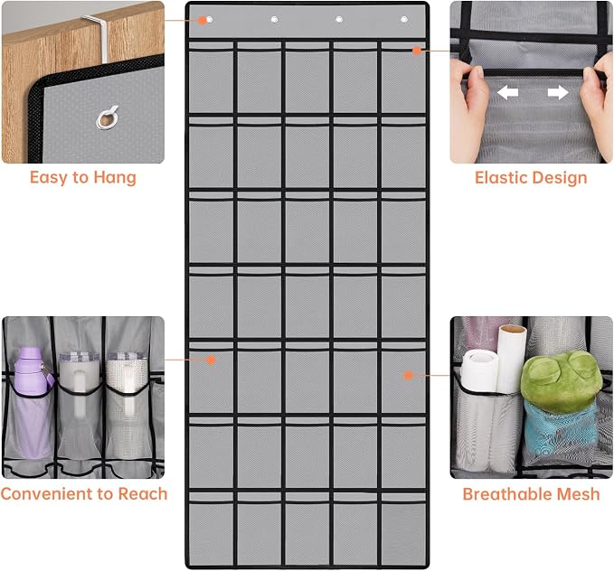 NiHome 35 Pockets Door Hanging Cup Organizer Fit for Stanley Tumblers, Gray | Large Capacity Over the Door Water Bottle Organizer in Kitchen, Pantry, Classroom, Elastic Mesh Secure Storage Cup Holder