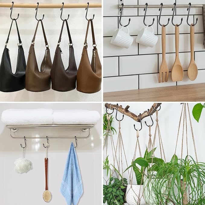 12 Pack Heavy Duty Twist Design Purse Hanger for Closet - Anti-Slip Vinyl Coated Metal 4 inch Large S Hooks, Multipurpose Organizer for Purses, Handbags, Belts, Scarves, Hats, Black
