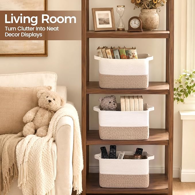 OIAHOMY Cotton Rope Storage Basket, Rectangular Woven Bin with Handles, Small Shelf Bins for Toys Towels Clothes, 13.4x11x9.5 Inches, White and Brown
