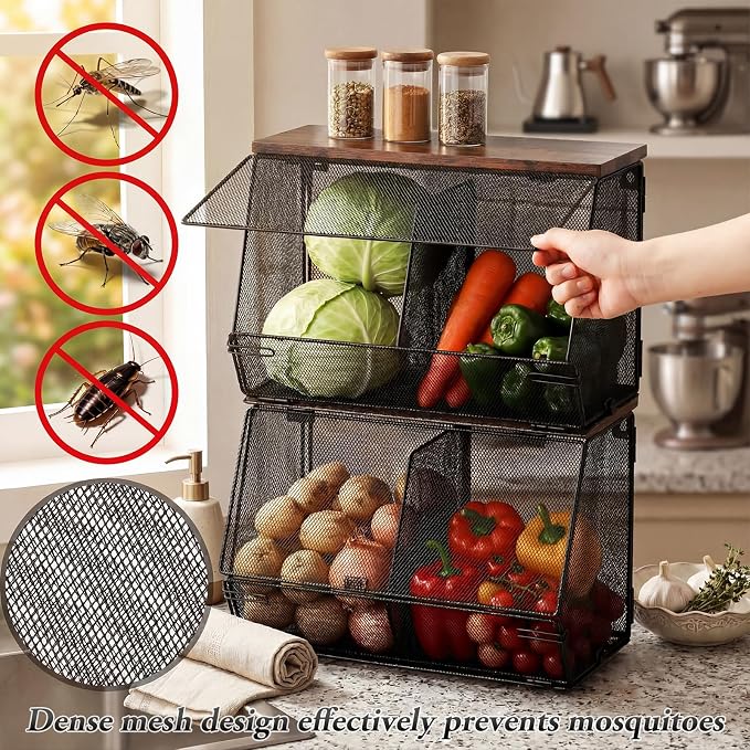 Teenyyou 2 Pcs Stackable Mesh Fruit Basket with Lid Wall Produce Vegetable Storage Basket Onion Potato Hanging Metal Wire Container for Kitchen Counter Pantry (Divided,Black,8.3"w & 13.8"L)