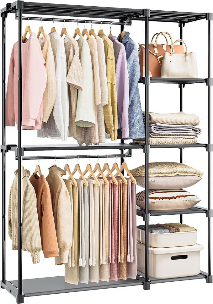 Neatrays Portable Closet, Freestanding Wardrobe Closet Organizers and Storage,Open Clothing Racks for Hanging Clothes with 4 Shelves and 2 Hanging Rods，47.8x15.8x63.4 Inches