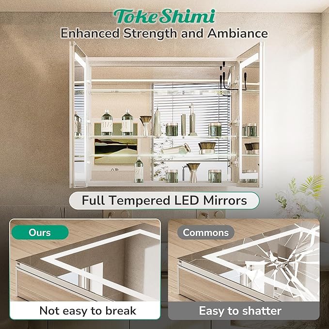 TokeShimi 48x32 Lighted Medicine Cabinet with Mirrored and Sockets, Anti-Fog Surface or Recessed Medicine Cabinet Mirror Led 3 Colors Dimmable, Frontlit Mirror with Storage Bathroom Vanity