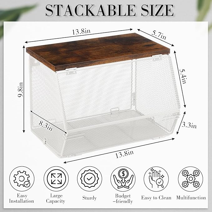 Teenyyou 2 Pcs Stackable Mesh Fruit Basket with Lid Wall Produce Vegetable Storage Basket Onion Potato Hanging Metal Wire Container for Kitchen Counter Pantry(Non-removable,White,8.3" w & 13.8" l)
