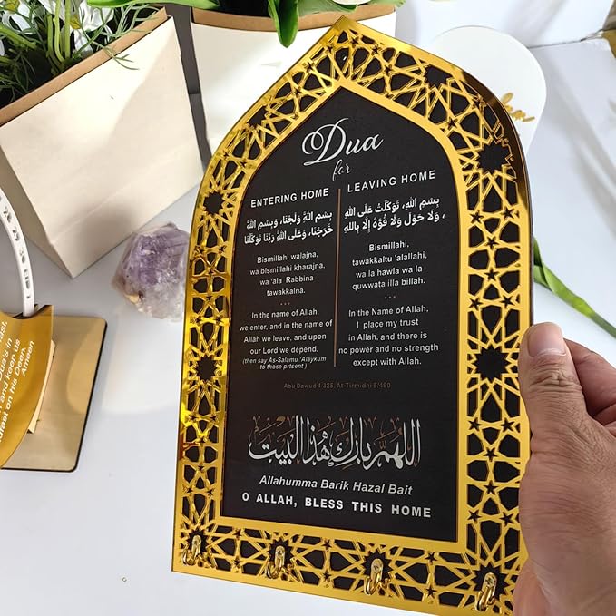 Islamic Wall Art, Acrylic Wood Wall Hanging Organizer with Hooks, Ramadan Mubarak Eid Mubarak Decor, Crescent Moon Key Holder, Islamic Home Decor for Entryway, Ramadan Eid Gifts for Women, Gold-Black