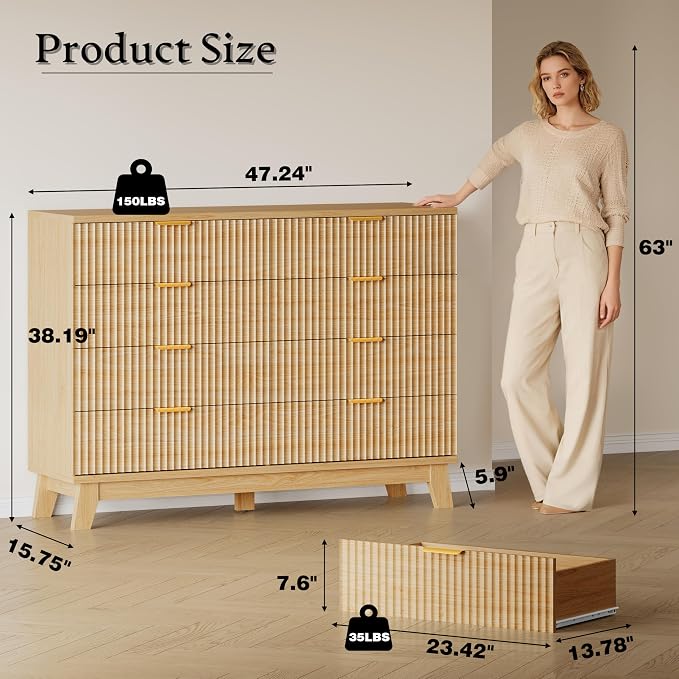BORNOON Fluted 8 Drawer Tall Dresser, 47.2" Wide Modern Boho Chest of Drawers, Wooden Storage Dresser TV Stand for Bedroom, Living Room, Closet, Hallway, Curved Profile Design