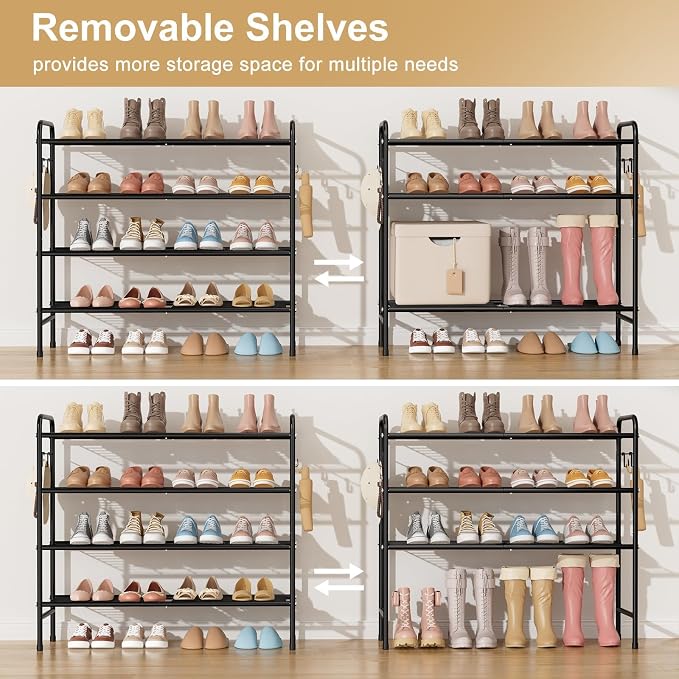 VILICK 4-Tier Shoe Rack 33" Wide Metal Shoe Organizer Long Shoe Storage with 4 Side Hooks Sturdy Shoes Shelf for Closet, Front Door Entrance, Garage, Dorm, Black