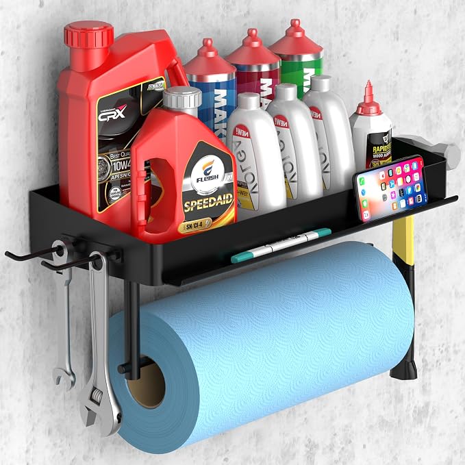SUNTECH Garage Paper Towel Holder with Shelf, One Hand Tear, 12 inch Shop Paper Towel Holder, Paper Towel Holder Wall Mount with 2 Detachable Hooks for Garage and Tool Room (Black)