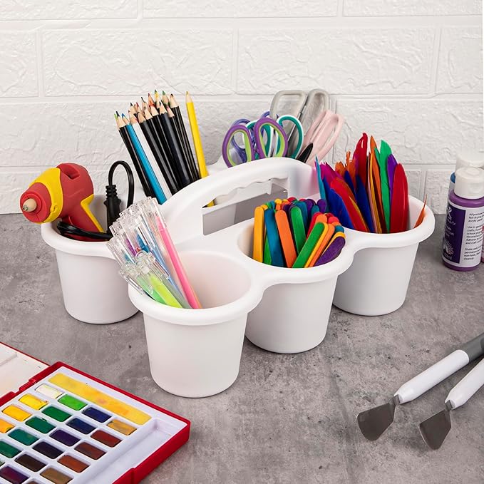 Classroom Caddy for School, Kidsroom, Pencil Holder, Plastic Cup Caddy for Drink Delivery, White, 4 Pack
