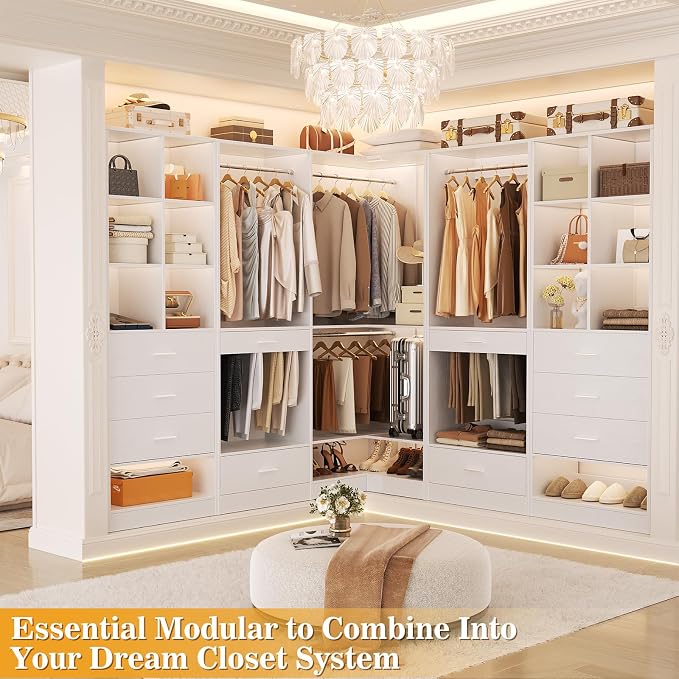 Homieasy Corner Closet System Modular with Upper & Lower Hanging Areas and Shoe Shelf, Corner Wardrobe Organizer, Easy Assembly, Anti-Tip Design, Perfect for Bedroom or Walk-In Closet, White