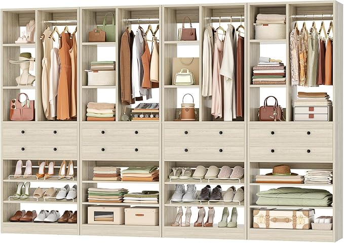 Besiost Closet System, 111"/9.3 FT Closet Organizer System with 8 Drawers and Shelves, Can Fit 120"/10FT Walk-in Closets Systems, Free Standing Reach in Closet Tower, Load 2400+LBS, Greige 4 Pack