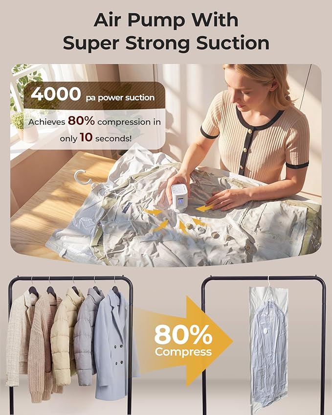 BAGSMART 4 Pack Hanging Vacuum Storage Bags for Clothes, Space Saver Bags for Closet Organization, Air-tight Vacuum Sealer Bags for Heavy Coats, Suits, Dresses, Jackets, Hand Pump Included