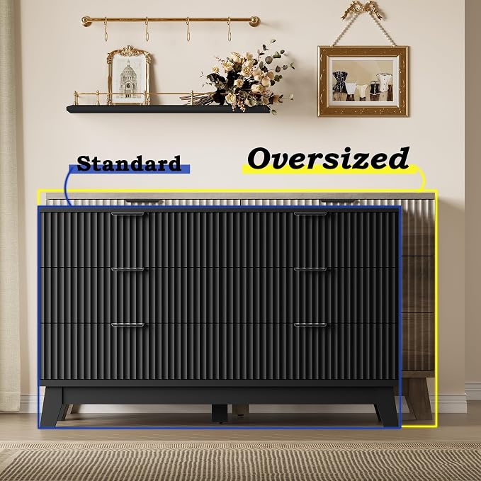 BORNOON 53" Long Dresser for Bedroom, 6-Drawer Dresser with Fluted Fronts, Wide Wood Chest of Drawers, Smooth Metal Slides, Stable Base, Modern Clothes Storage Cabinet for Living Room, Hallway