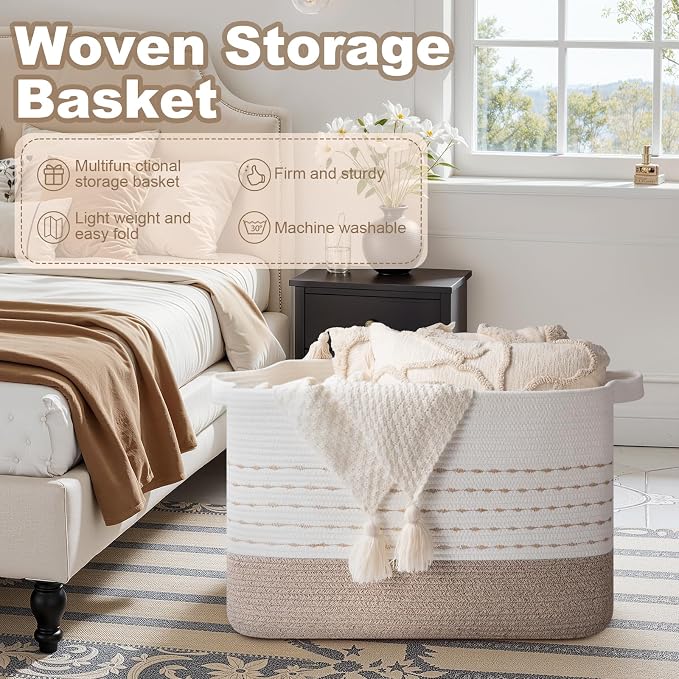 OIAHOMY 108L Extra Large Blanket Basket, 25”x16”x16” Rectangle Woven Cotton Rope Baskets for Living Room, Toy Storage with Handle- Gradient Light Brown