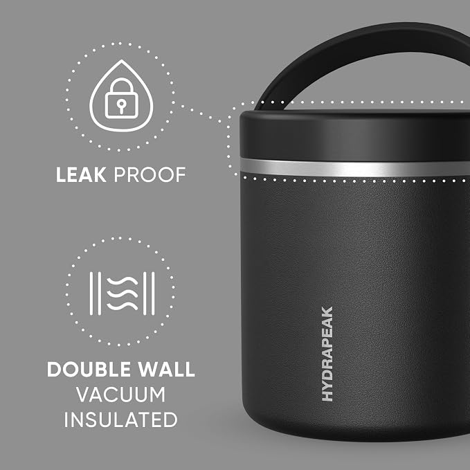 Hydrapeak 25oz Stainless Steel Vacuum Insulated Food Jar for Hot Food and Cold Food, Wide Mouth Leak-Proof Soup Jar for Adults, 10 Hours Hot and 16 Hours Cold (Black)