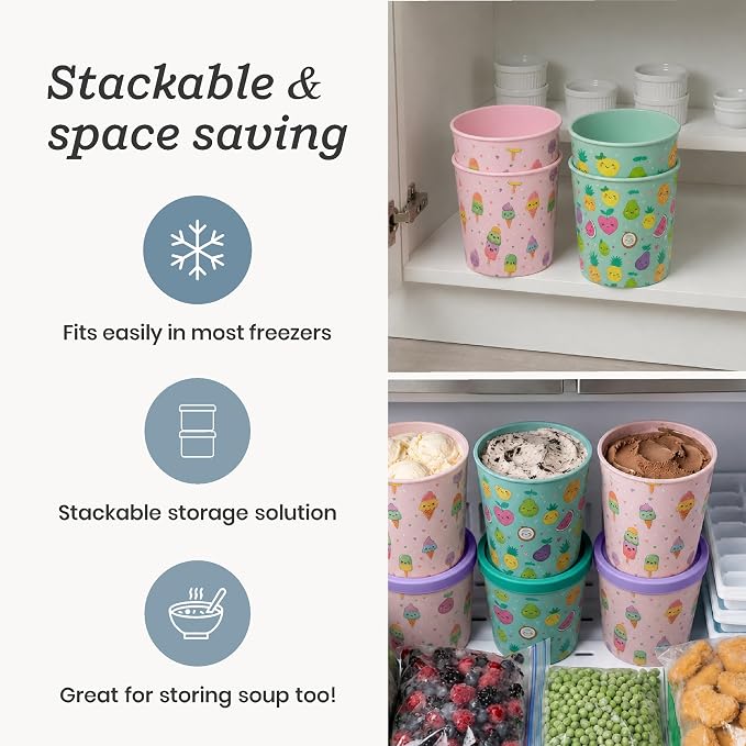StarPack Freeze The Day Homemade Ice Cream Containers (2-Pack, 1 Quart) - Airtight Silicone Lids, BPA-Free Reusable Ice Cream Freezer Containers with Lids, Stackable, Kawaii Pink & Green