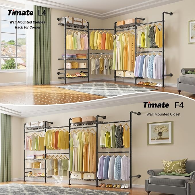 Timate L4 L Shape Garment Rack Heavy Duty Clothes Racks for Hanging Clothes, Expandable Industrial Pipe Clothing Rack Wall Mounted Closet Racks Wardrobe Closet Kit Corner Closet System, Black