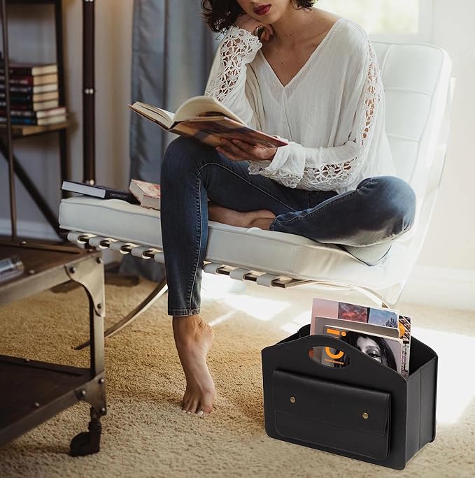 HofferRuffer Magazine Basket Holder, Foldable Magazine Rack, Document File Holder Organizer, File Folder, Newspaper Storage Bin Organizer for Home or Office (Black Magazine Basket)