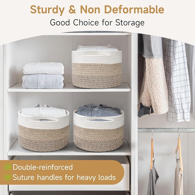 Small Rope Baskets for Storage, Baskets for Gifts Empty, Cute Round Woven Basket, Decorative Shelf Baskets 9.82×9.82×7.1", Cotton Toy Storage Bins for Organizer 3 Packs Mixed Brown