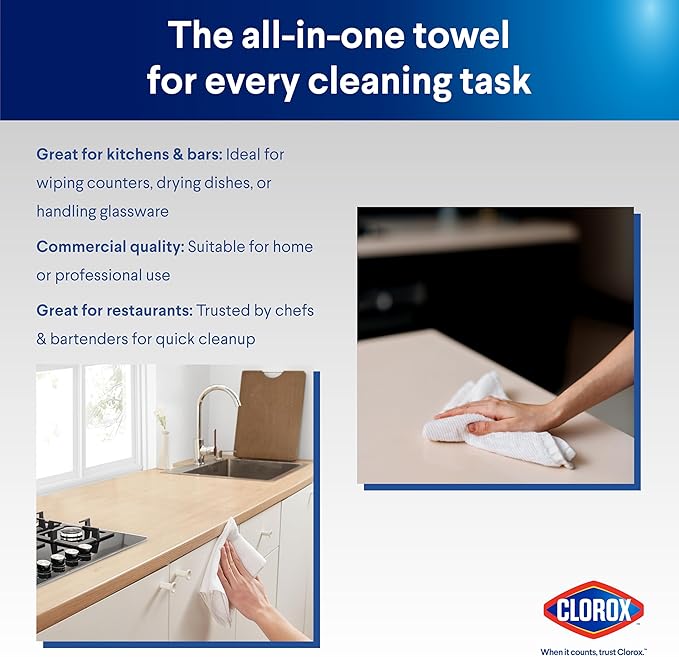 CLOROX Ribbed Bar Mops - 100% Cotton Quick Dry Extra Large Dishcloths - Absorbent Multipurpose Cleaning Cloths for Restaurants, Kitchen, Bathroom, Hotel - 16" x 19" - White 12 Pack