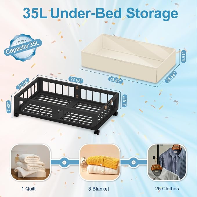 efluky 2-Pack Bamboo Under Bed Storage Containers with Wheels, Under Bed Clothes Storage Basket with Large Dust Bag, Rolling UnderBed Storage for Bedroom, Dorm and Basement, Black, (60 x 42 CM