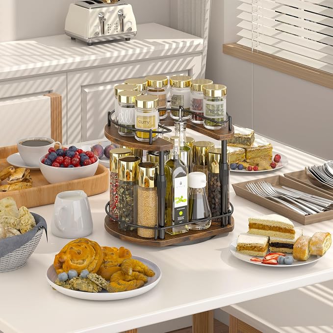 Across-Star Lazy-Susan-Spice-Rack -Organizer For Cabinet With Adjustable Height, 12 inch Rotating Seasoning Holder Spice Organization For Pantry, 2-Tier Kitchen Counter Shelf Countertop Organizer