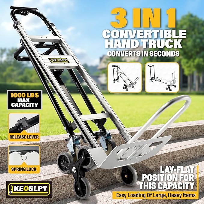 CSHT-2243B 3 in 1 Industrial Convertible Aluminum Hand Truck Dolly Cart, 1000 LBS Capacity, Heavy Duty Stair Climbing Utility Trolley Platform Cart with Wheels for Transport & Moving