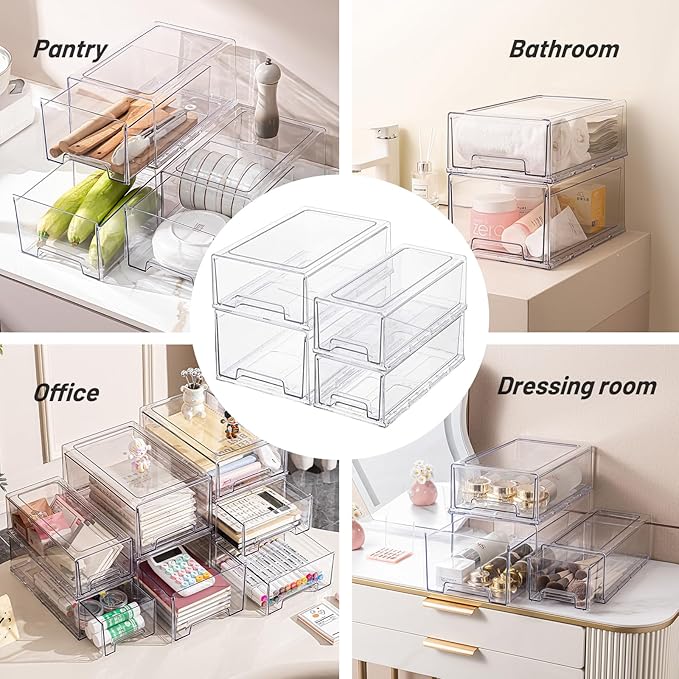6 Pack Stackable Storage Drawers, Plastic Clear Organizer Bins with Handles for Undersink, Kitchen Cabinet, Fridge, Closet, Pantry, Office, Bathroom