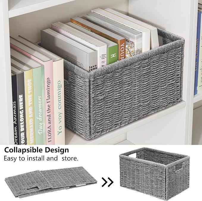Vagusicc 2 Packs Large Wicker Storage Basket, Closet Storage Baskets Bins for Shelves, Decorative Collapsible Baskets for Organizing Clothes Toy Nursery Bathroom Organizers and Storage, Grey