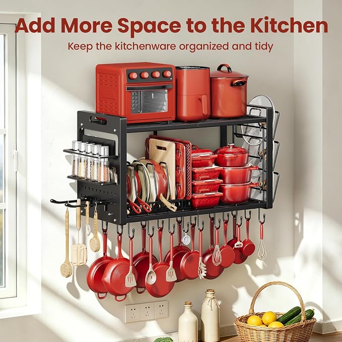 Pot Rack Wall Mount, Hanging Heavy Duty Metal Pan Organizer with 20 Hooks,Pot Shelf with 3 Pot Lid Holder with 8 Adjustable Dividers Loads 100lbs for Kitchen Cookware and Utensil storage