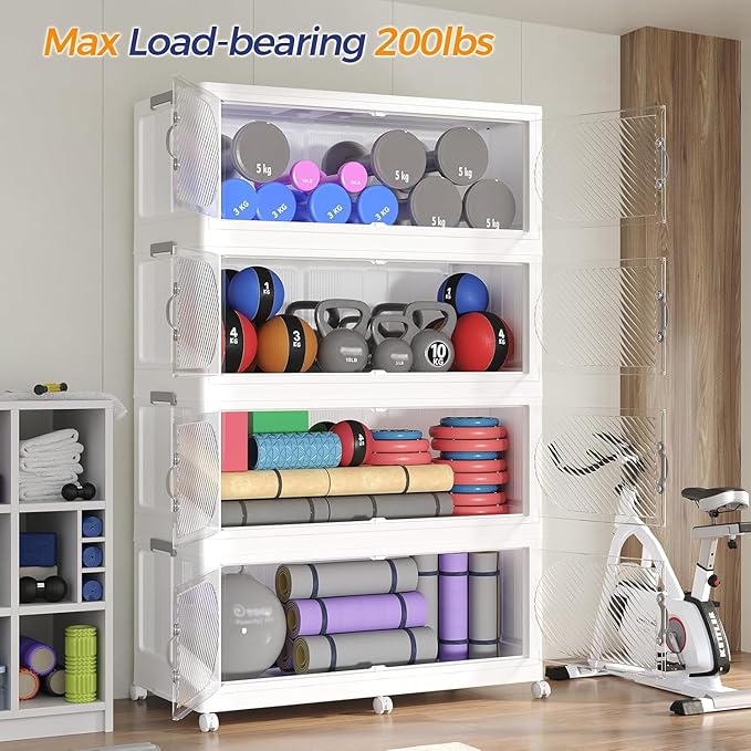960QT Extra Large Stackable Storage Bins with Lid & Wheels & Doors, 240Gal Foldable Collapsible Closet Organizers, Plastic Cabinet Box Container Drawer for Home Kitchen Bedroom, 4Pack White