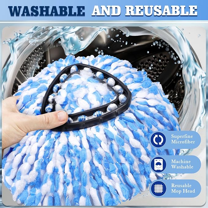 8 Pack Spin Mop Replacements Head Compatible for Ocedar RinseClean 2-Tank System,Microfiber Spin Mop Refills Head,1 Mop Scrub Brush + 1 Mop Base + 6 Pack Blue Floor Mop Head