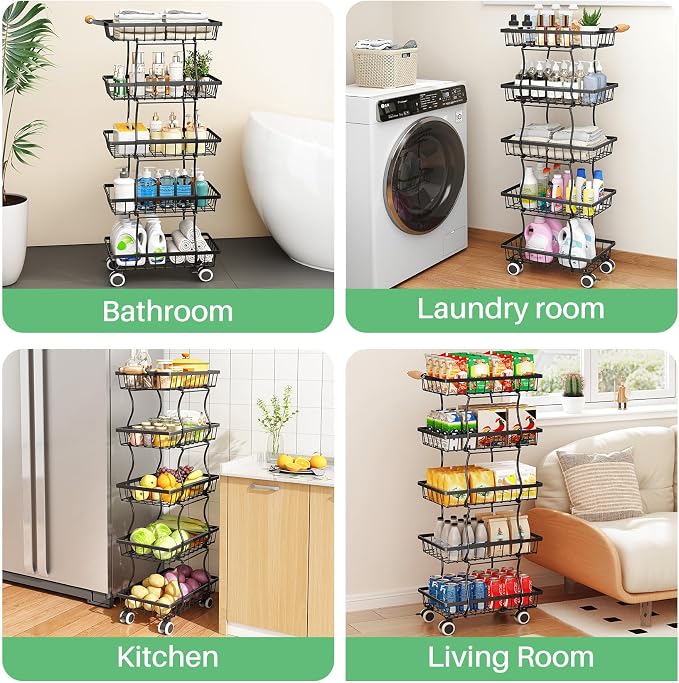 SAYZH Fruit Basket Kitchen Pantry Organizers and Storage - 5 Tier Stackable Metal Wire Basket Stand for Fruit Vegetable Snacks Jars Bins Containers Organization, (Black, 5 Tiers)