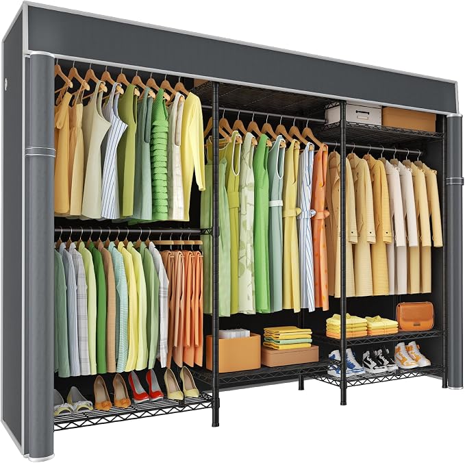 Ulif E13C Heavy Duty Closet Organizer System，Freestanding Clothing Racks for Hanging Clothes，Adjustable Garment Rack 63" W x 16" D x 77" H Hold 960 lbs，Black Clothing Rack with Grey Dustproof Cover