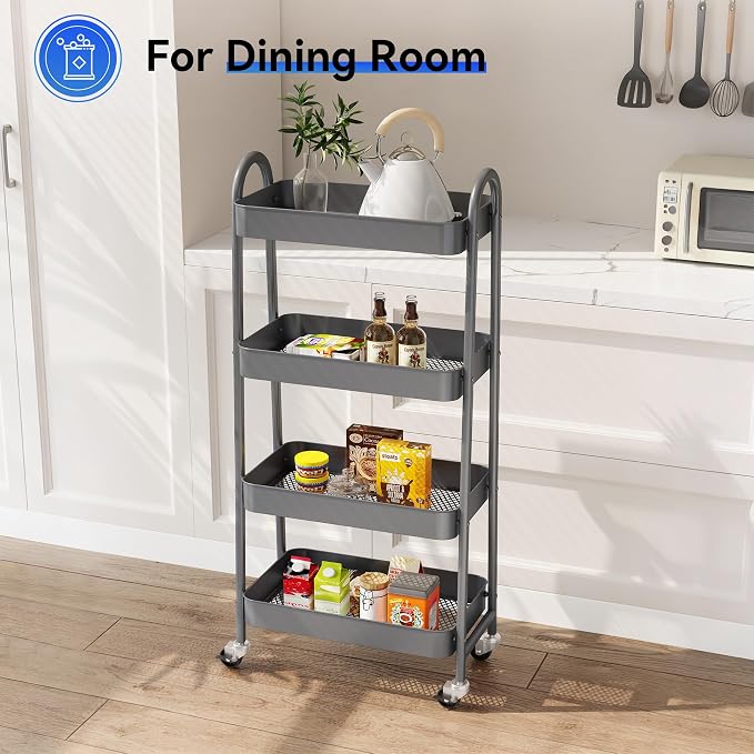 NEWBULIG 4-Tier Metal Rolling Cart with Lockable Wheels, Heavy Duty Mobile Utility Storage Shelf, Roller Book Snack Cart, Organization for Livingroom, Bathroom, Office, Grey
