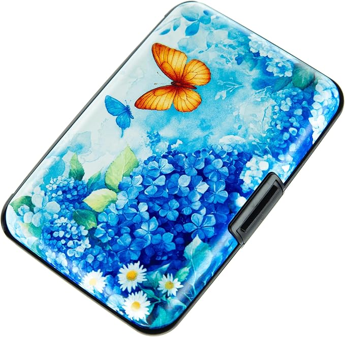 Credit Card Holder for Women Men RFID Blocking Wallet Small Business Metal Slim Mini Aluminum Hard Case (Hydrangeas Butterflies)
