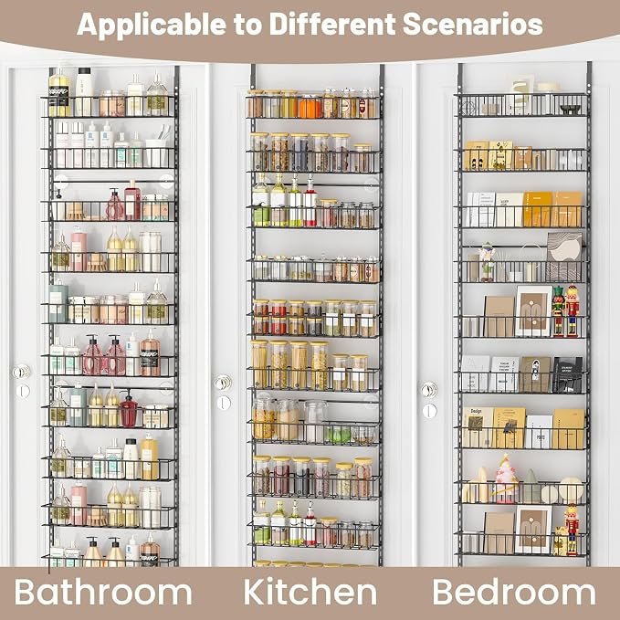 ElegantArray 9-Tier Pantry Door Organizer, Deep Gray | Over The Door Pantry Organizer Rack and Storage, Hanging Spice Rack Shelves Door, Home Office Laundry Room Bathroom & Kitchen