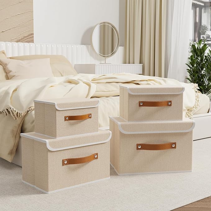 OUTBROS Storage Boxes, Collapsible Storage Bins with Lids, Cotton and linen cloth Storage Baskets with Handle, for Books, Closet, Bedroom, Home, 10.2x7.9x6.7 in, Beige