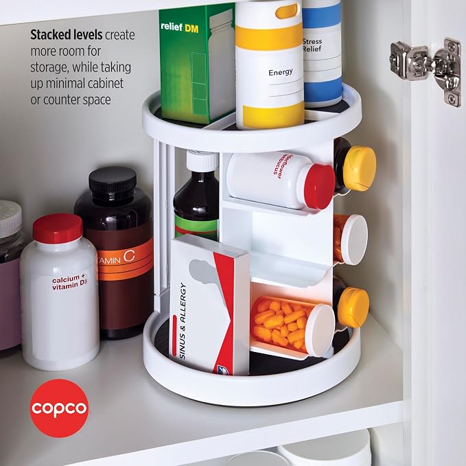 Copco 2-Tier Lazy Susan Turntable Organizer for Cabinet, Pantry, and Counter - Rotating Vitamin, Supplement, and Spice Storage with Nonslip Liner and Six Cradles