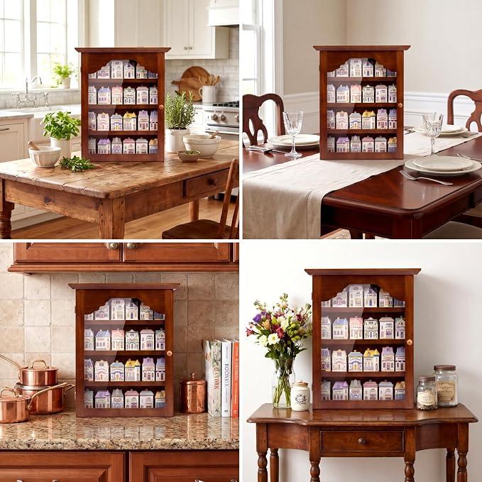 Chunful Vintage Spice Jar Wooden Rack with Clear Door, Brown Spice Shelf for 24 Jars, Village Style Wall Mounting Kitchen Storage Decorative Hanging Display Rack, Shelf Only